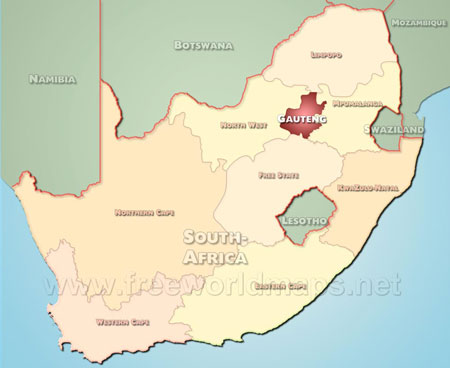 Location map of Gauteng, province of South African Republic