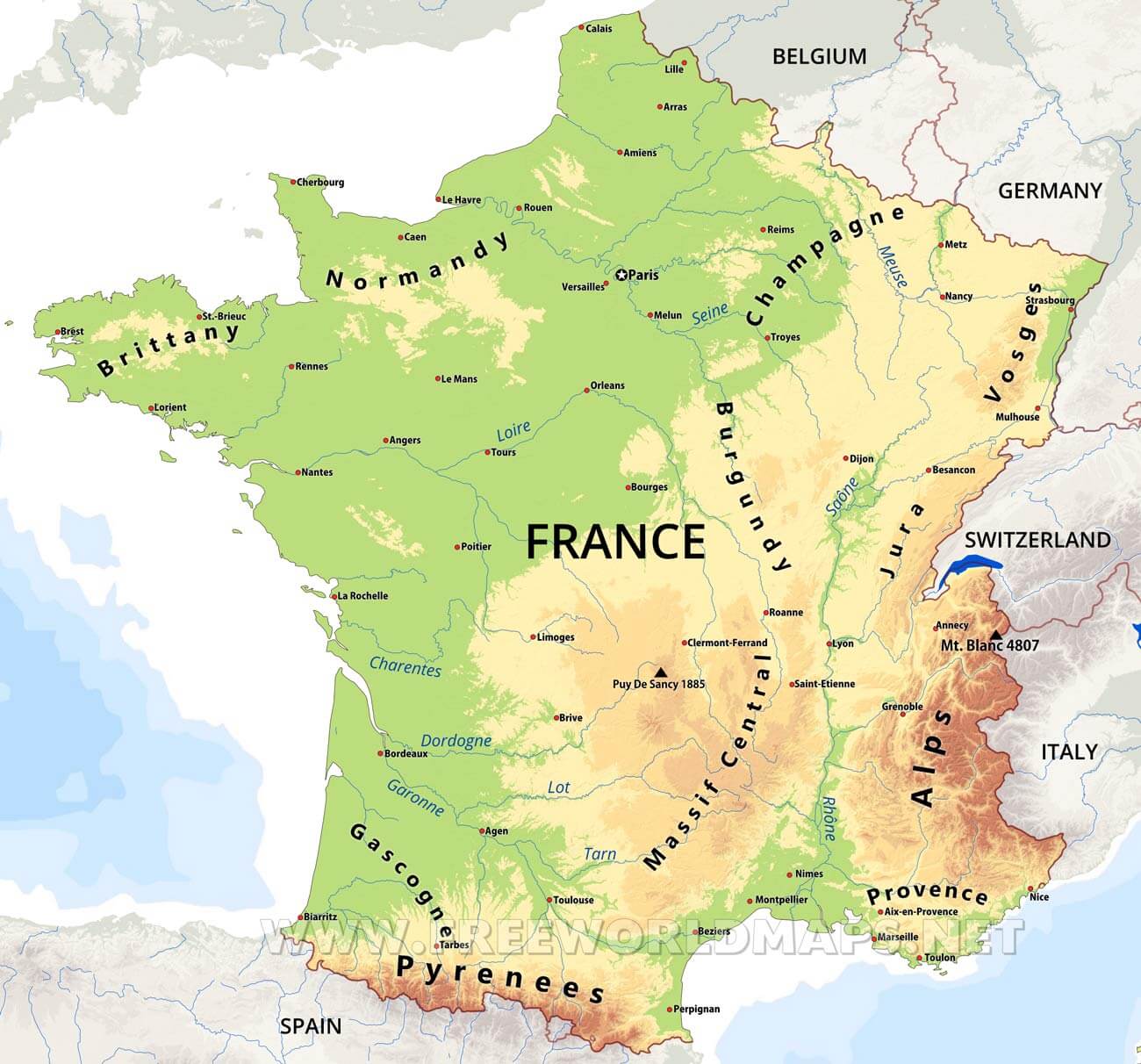 map of france with rivers and mountains France Physical Map map of france with rivers and mountains