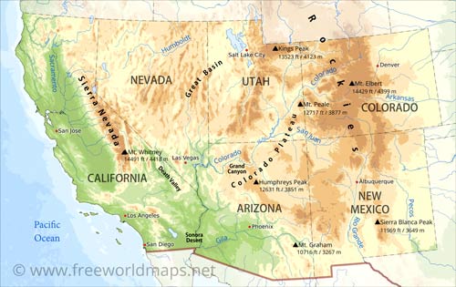 Southwestern US physical map Southwestern US physical map